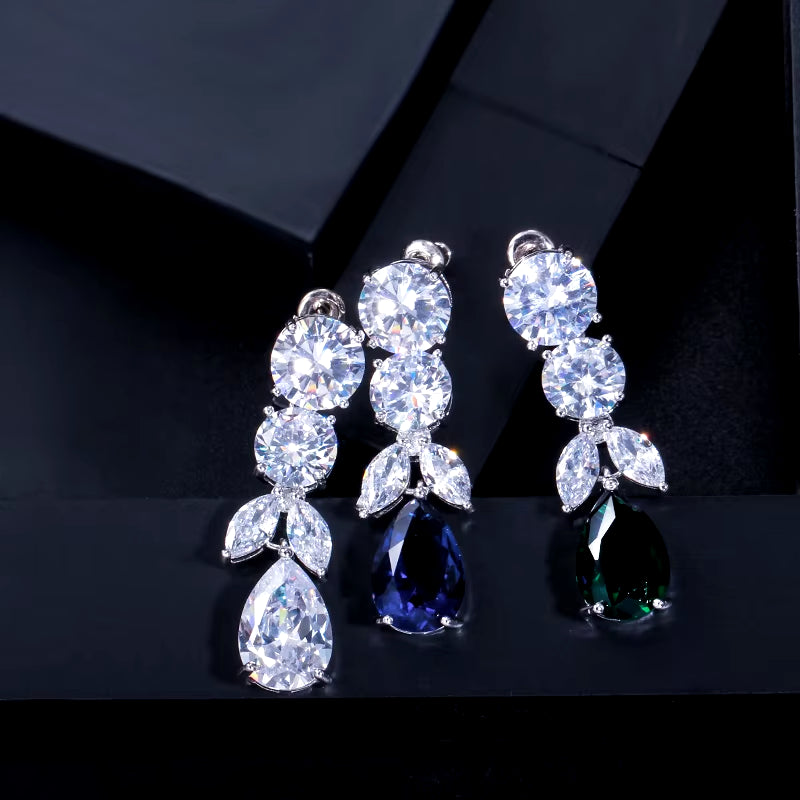 Luxury Dark Blue Women Wedding Party Dress Jewellery Big Dangle Drop Bridal CZ Necklace Earrings Jewelry Sets T341