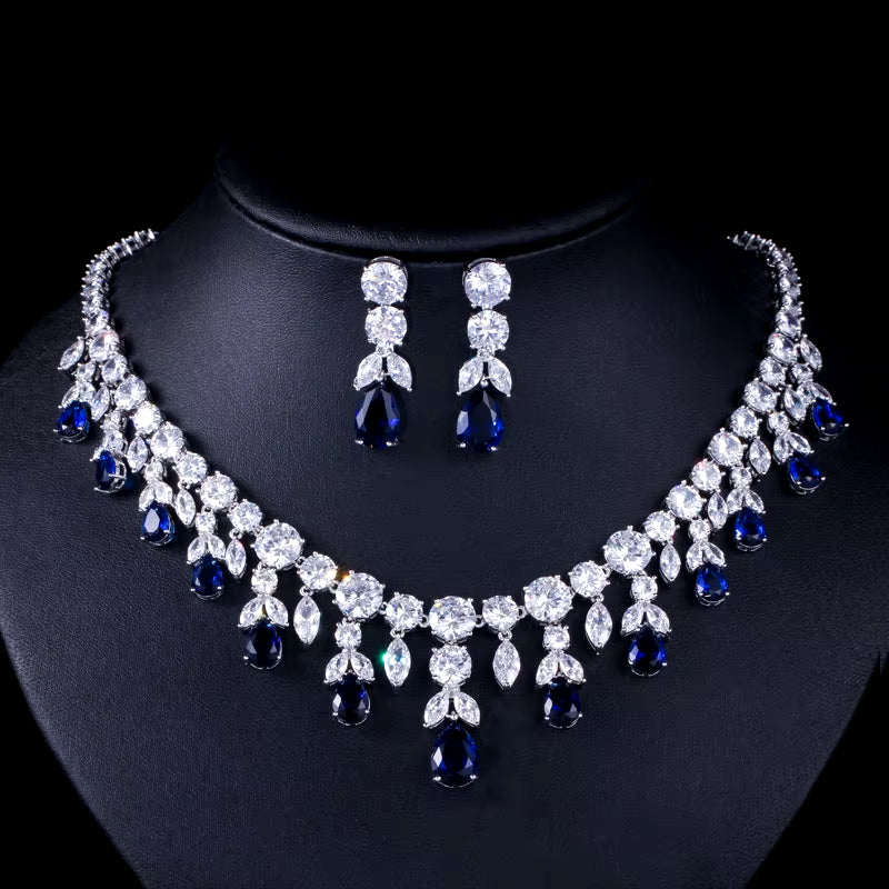 Luxury Dark Blue Women Wedding Party Dress Jewellery Big Dangle Drop Bridal CZ Necklace Earrings Jewelry Sets T341