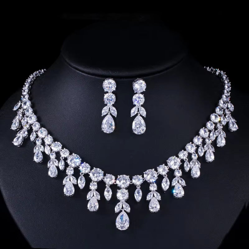 Luxury Dark Blue Women Wedding Party Dress Jewellery Big Dangle Drop Bridal CZ Necklace Earrings Jewelry Sets T341