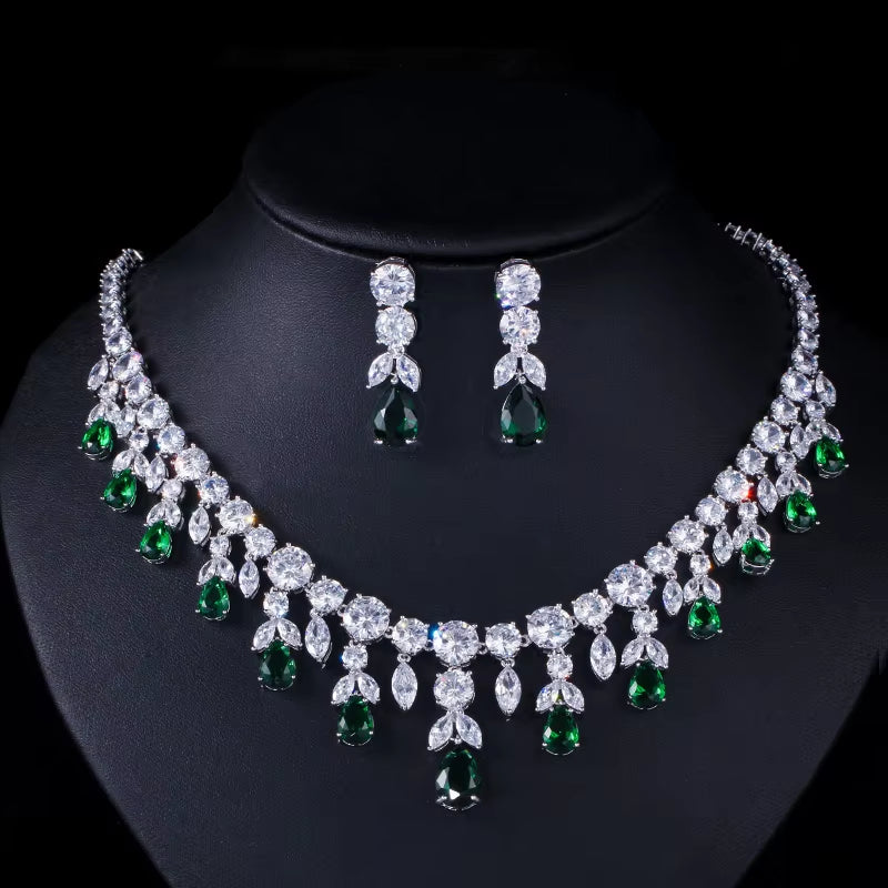 Luxury Dark Blue Women Wedding Party Dress Jewellery Big Dangle Drop Bridal CZ Necklace Earrings Jewelry Sets T341
